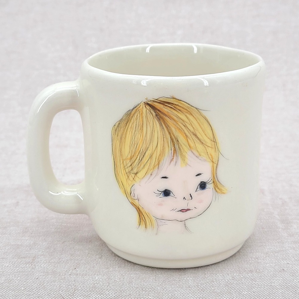 Vintage Mug with Hand Painted Young Girl Portrait with Blonde Hair, Blue Eyes